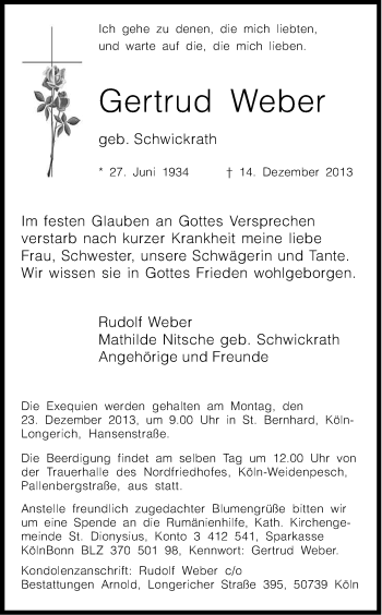 Anzeige von Gertrud Weber von Kölner Stadt-Anzeiger / Kölnische Rundschau / Express