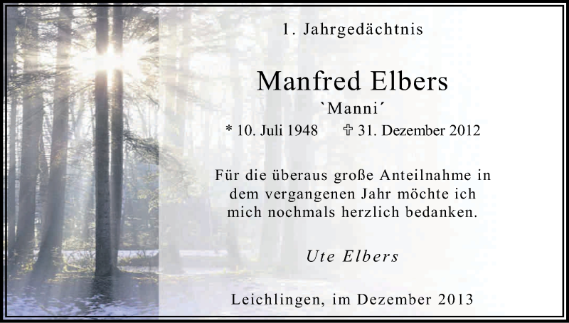  Traueranzeige für Manfred Elbers vom 31.12.2013 aus Kölner Stadt-Anzeiger / Kölnische Rundschau / Express