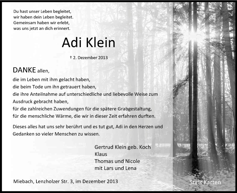  Traueranzeige für Adi Klein vom 21.12.2013 aus Kölner Stadt-Anzeiger / Kölnische Rundschau / Express