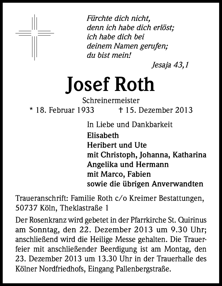  Traueranzeige für Josef Roth vom 19.12.2013 aus Kölner Stadt-Anzeiger / Kölnische Rundschau / Express