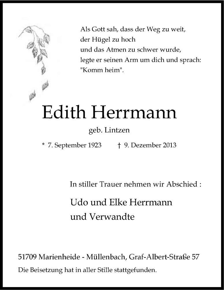  Traueranzeige für Edith Herrmann vom 18.12.2013 aus Kölner Stadt-Anzeiger / Kölnische Rundschau / Express