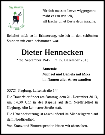 Anzeige von Dieter Hennecken von Kölner Stadt-Anzeiger / Kölnische Rundschau / Express