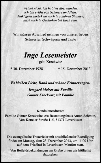 Anzeige von Inge Lesemeister von Kölner Stadt-Anzeiger / Kölnische Rundschau / Express