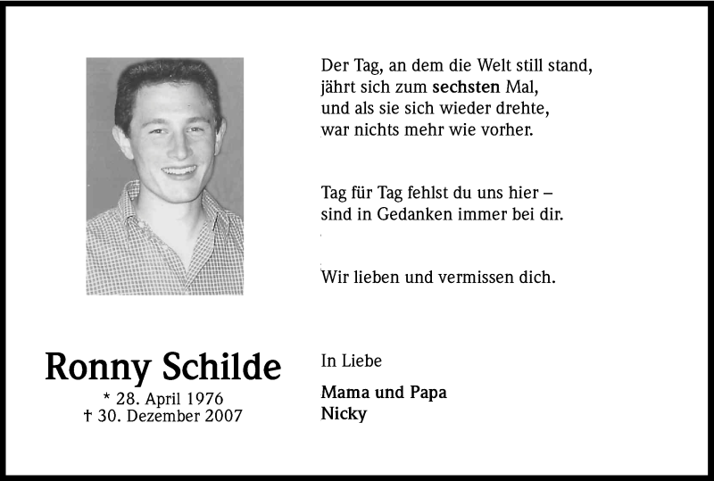  Traueranzeige für Ronny Schilde vom 30.12.2013 aus Kölner Stadt-Anzeiger / Kölnische Rundschau / Express