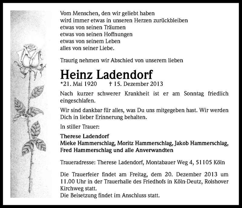  Traueranzeige für Heinz Ladendorf vom 18.12.2013 aus Kölner Stadt-Anzeiger / Kölnische Rundschau / Express