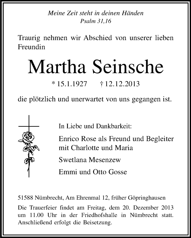 Traueranzeige für Martha Seinsche vom 18.12.2013 aus Kölner Stadt-Anzeiger / Kölnische Rundschau / Express