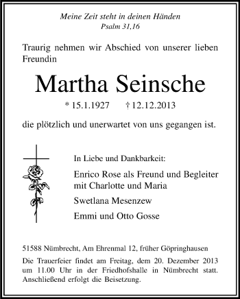 Anzeige von Martha Seinsche von Kölner Stadt-Anzeiger / Kölnische Rundschau / Express