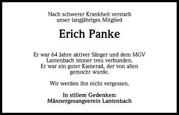 Anzeige von Erich Panke von Kölner Stadt-Anzeiger / Kölnische Rundschau / Express