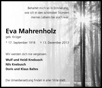 Anzeige von Eva Mahrenholz von Kölner Stadt-Anzeiger / Kölnische Rundschau / Express