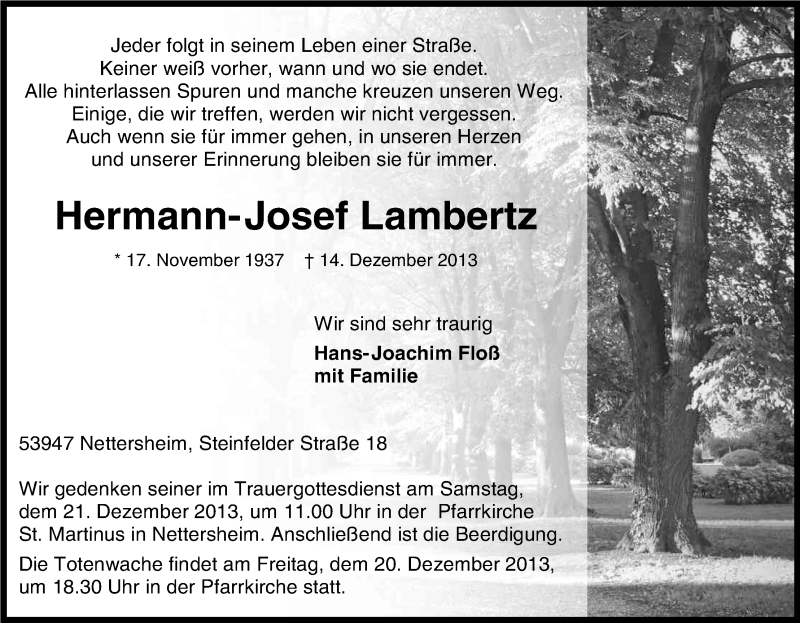  Traueranzeige für Hermann-Josef Lambertz vom 19.12.2013 aus Kölner Stadt-Anzeiger / Kölnische Rundschau / Express