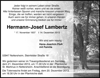 Anzeige von Hermann-Josef Lambertz von Kölner Stadt-Anzeiger / Kölnische Rundschau / Express