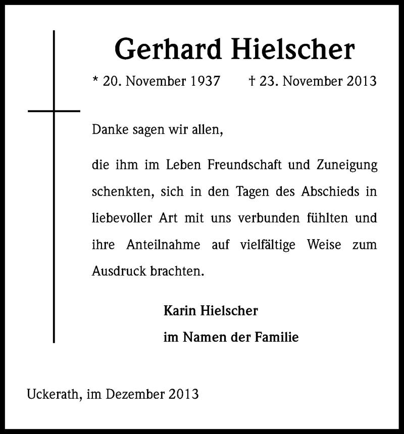  Traueranzeige für Gerhard Hielscher vom 19.12.2013 aus Kölner Stadt-Anzeiger / Kölnische Rundschau / Express