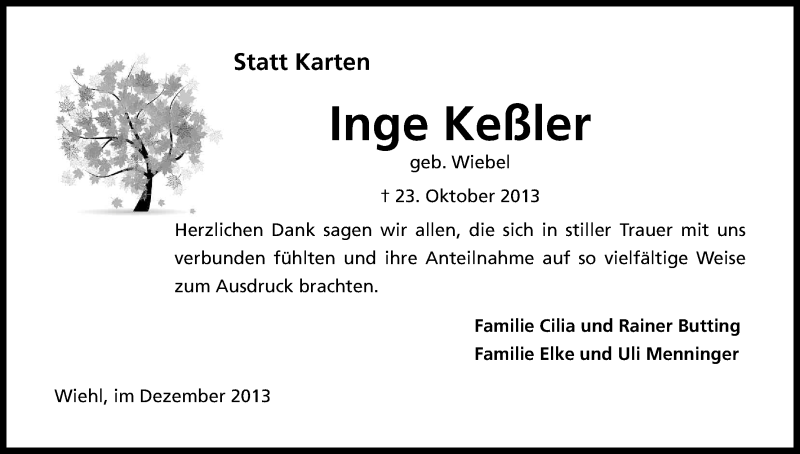  Traueranzeige für Inge Keßler vom 21.12.2013 aus Kölner Stadt-Anzeiger / Kölnische Rundschau / Express