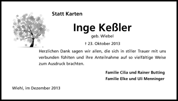 Anzeige von Inge Keßler von Kölner Stadt-Anzeiger / Kölnische Rundschau / Express