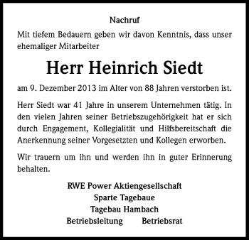 Anzeige von Heinrich Siedt von Kölner Stadt-Anzeiger / Kölnische Rundschau / Express