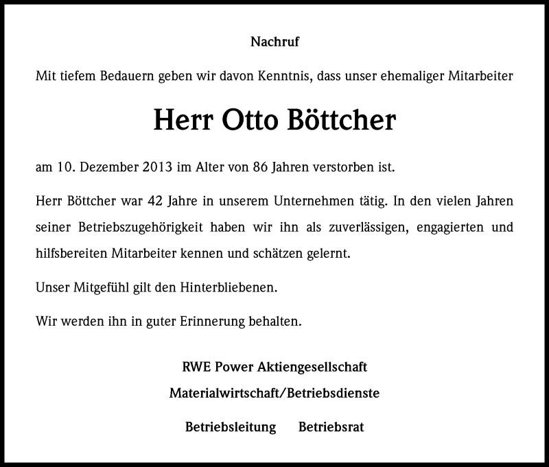  Traueranzeige für Otto Böttcher vom 20.12.2013 aus Kölner Stadt-Anzeiger / Kölnische Rundschau / Express