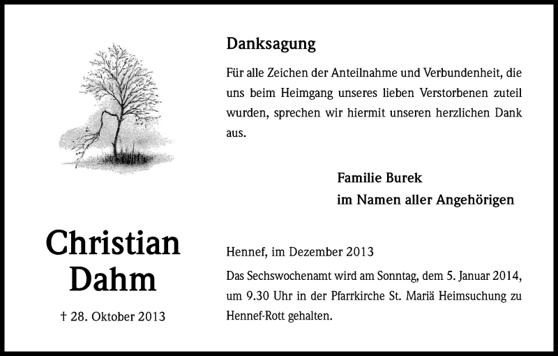  Traueranzeige für Christian Dahm vom 21.12.2013 aus Kölner Stadt-Anzeiger / Kölnische Rundschau / Express