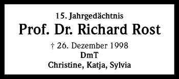Anzeige von Richard Rost von Kölner Stadt-Anzeiger / Kölnische Rundschau / Express