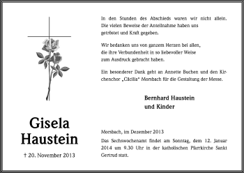 Anzeige von Gisela Haustein von Kölner Stadt-Anzeiger / Kölnische Rundschau / Express