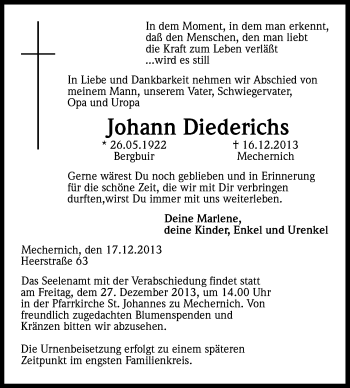 Anzeige von Johann Diederichs von Kölner Stadt-Anzeiger / Kölnische Rundschau / Express