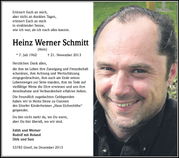Anzeige von Heinz Werner Schmitt von Kölner Stadt-Anzeiger / Kölnische Rundschau / Express