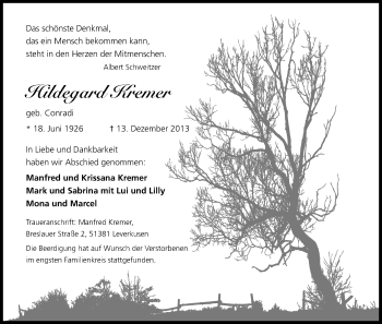 Anzeige von Hildegard Kremer von Kölner Stadt-Anzeiger / Kölnische Rundschau / Express