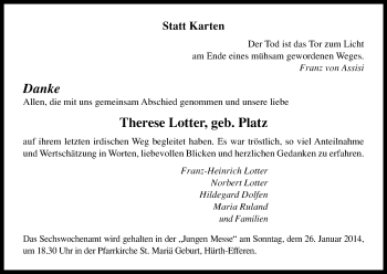 Anzeige von Therese Lotter von Kölner Stadt-Anzeiger / Kölnische Rundschau / Express