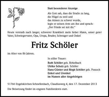 Anzeige von Fritz Schöler von Kölner Stadt-Anzeiger / Kölnische Rundschau / Express