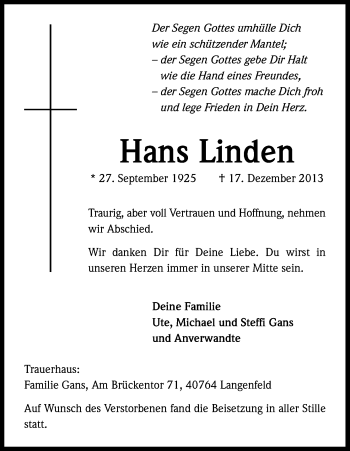 Anzeige von Hans Linden von Kölner Stadt-Anzeiger / Kölnische Rundschau / Express