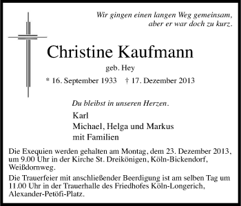 Anzeige von Christine Kaufmann von Kölner Stadt-Anzeiger / Kölnische Rundschau / Express