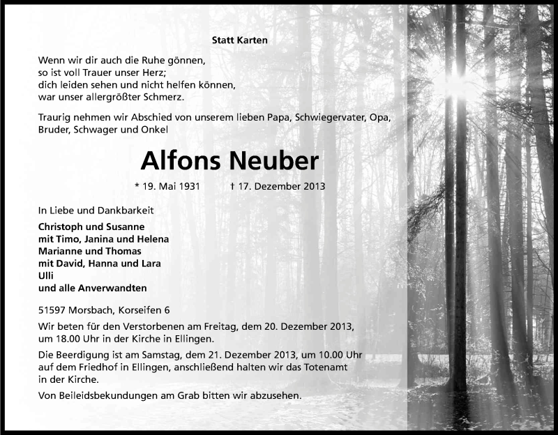  Traueranzeige für Alfons Neuber vom 19.12.2013 aus Kölner Stadt-Anzeiger / Kölnische Rundschau / Express