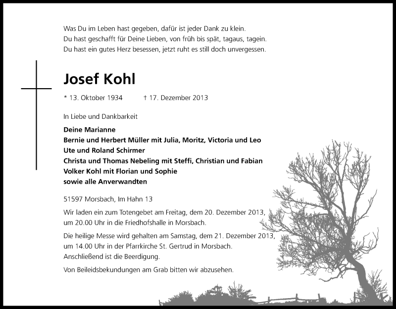  Traueranzeige für Josef Kohl vom 19.12.2013 aus Kölner Stadt-Anzeiger / Kölnische Rundschau / Express