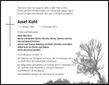 Anzeige von Josef Kohl von Kölner Stadt-Anzeiger / Kölnische Rundschau / Express
