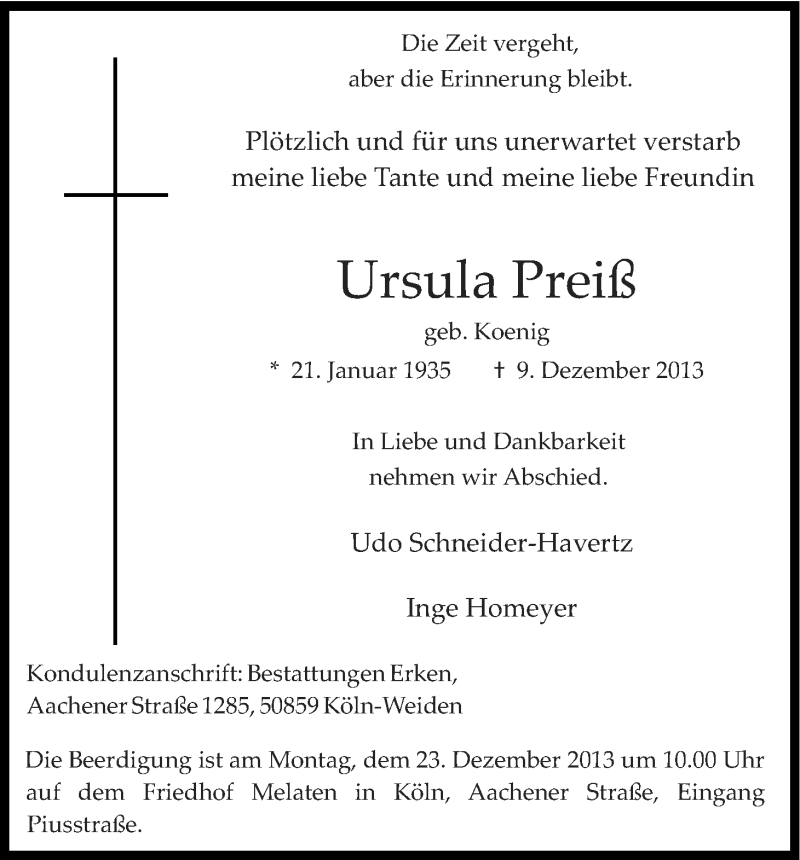  Traueranzeige für Ursula Preiß vom 21.12.2013 aus Kölner Stadt-Anzeiger / Kölnische Rundschau / Express