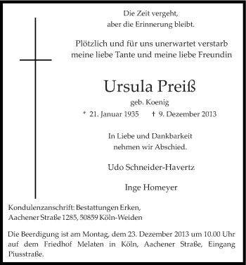 Anzeige von Ursula Preiß von Kölner Stadt-Anzeiger / Kölnische Rundschau / Express