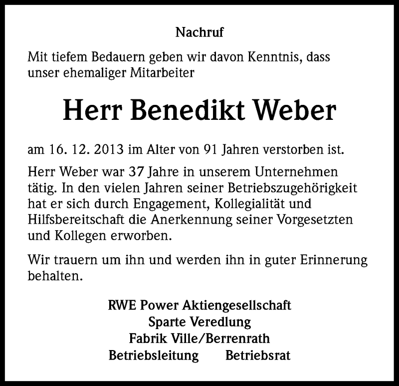  Traueranzeige für Benedikt Weber vom 07.01.2014 aus Kölner Stadt-Anzeiger / Kölnische Rundschau / Express