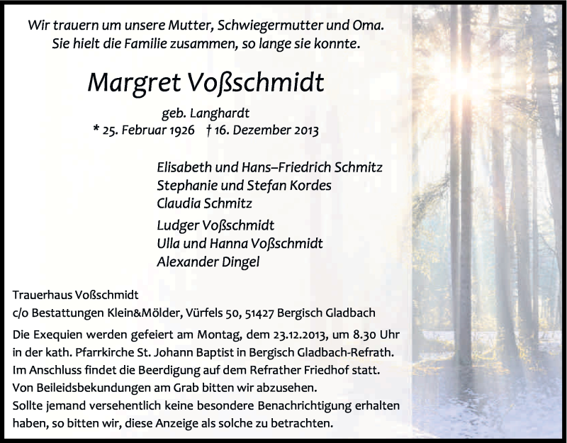  Traueranzeige für Margret Voßschmidt vom 21.12.2013 aus Kölner Stadt-Anzeiger / Kölnische Rundschau / Express