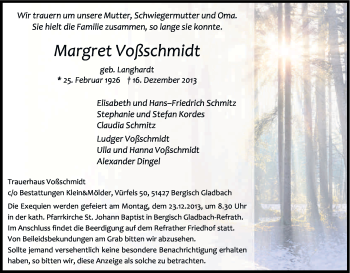 Anzeige von Margret Voßschmidt von Kölner Stadt-Anzeiger / Kölnische Rundschau / Express