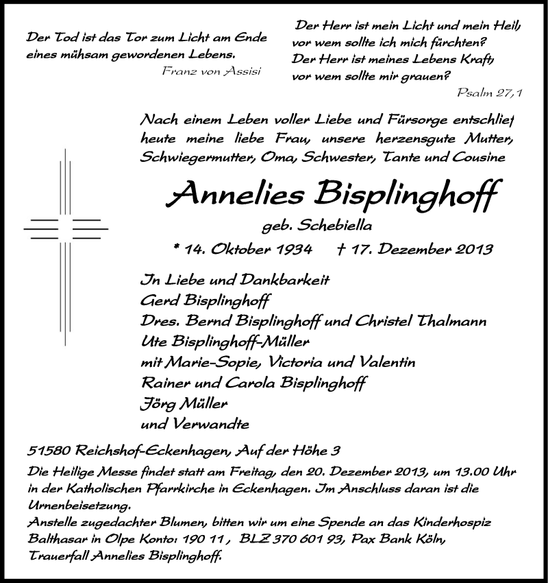  Traueranzeige für Annelies Bisplinghoff vom 19.12.2013 aus Kölner Stadt-Anzeiger / Kölnische Rundschau / Express