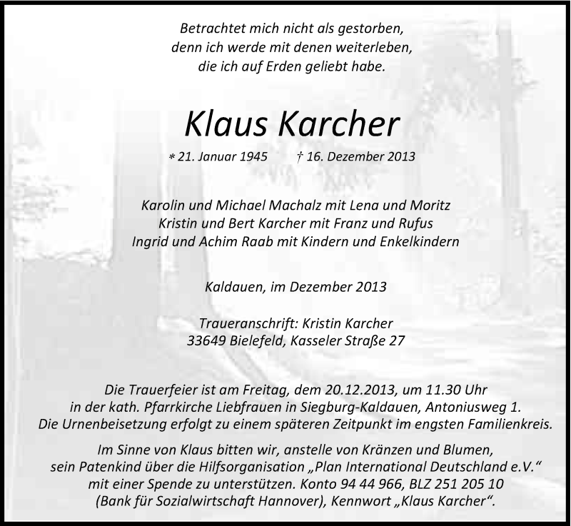  Traueranzeige für Klaus Karcher vom 19.12.2013 aus Kölner Stadt-Anzeiger / Kölnische Rundschau / Express