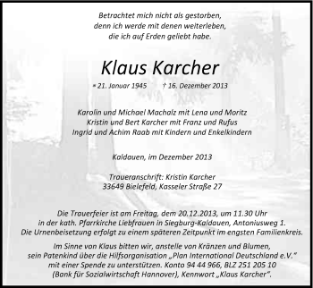 Anzeige von Klaus Karcher von Kölner Stadt-Anzeiger / Kölnische Rundschau / Express
