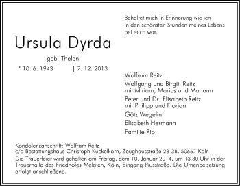 Anzeige von Dyrda Ursula von Kölner Stadt-Anzeiger / Kölnische Rundschau / Express
