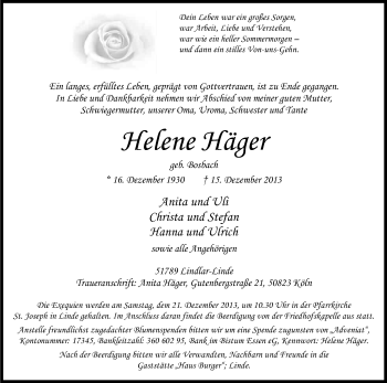Anzeige von Helene Häger von Kölner Stadt-Anzeiger / Kölnische Rundschau / Express