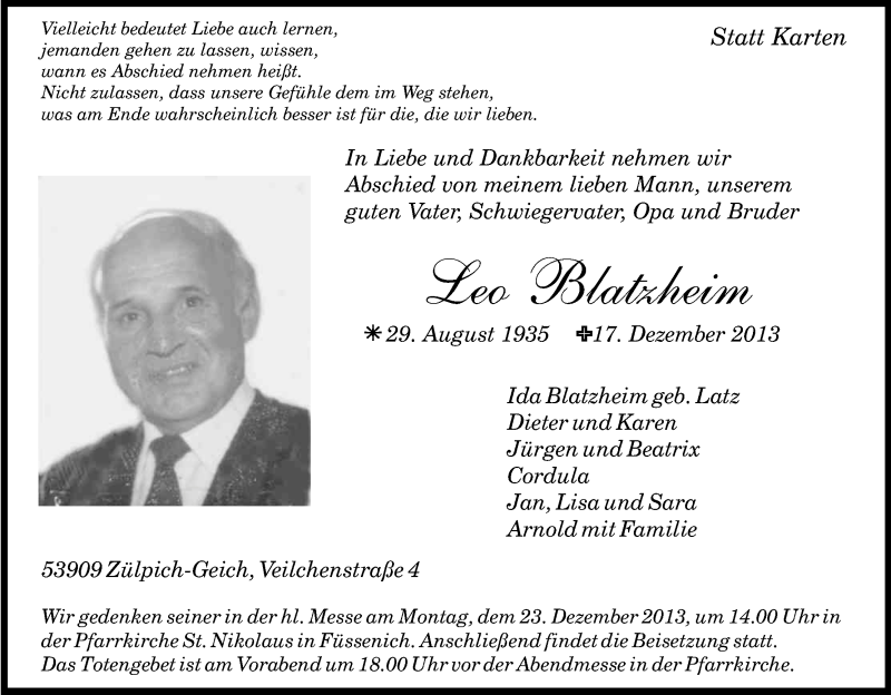  Traueranzeige für Leo Blatzheim vom 19.12.2013 aus Kölner Stadt-Anzeiger / Kölnische Rundschau / Express