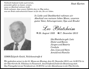 Anzeige von Leo Blatzheim von Kölner Stadt-Anzeiger / Kölnische Rundschau / Express