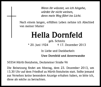 Anzeige von Hella Dornfeld von Kölner Stadt-Anzeiger / Kölnische Rundschau / Express