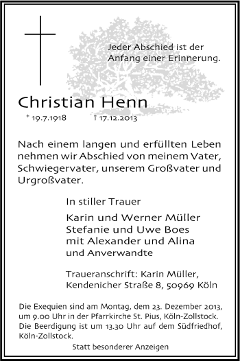 Anzeige von Christian Henn von Kölner Stadt-Anzeiger / Kölnische Rundschau / Express