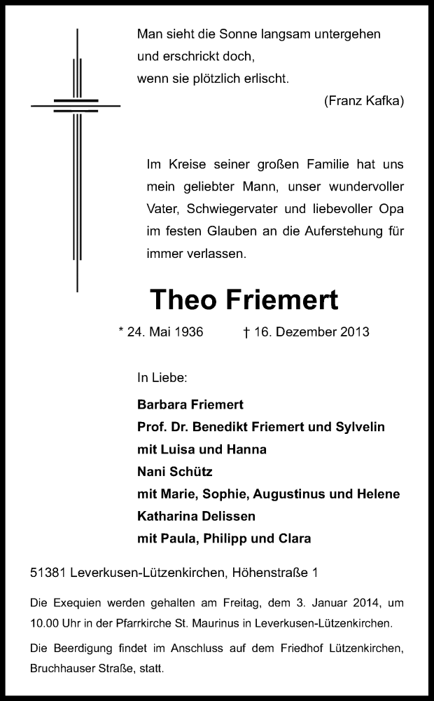  Traueranzeige für Theo Friemert vom 21.12.2013 aus Kölner Stadt-Anzeiger / Kölnische Rundschau / Express