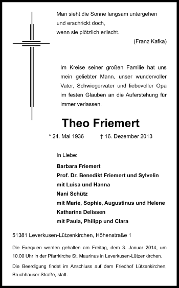 Anzeige von Theo Friemert von Kölner Stadt-Anzeiger / Kölnische Rundschau / Express