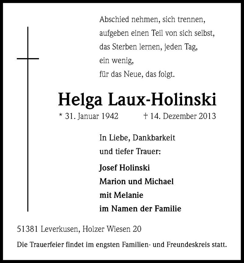  Traueranzeige für Helga Laux-Holinski vom 21.12.2013 aus Kölner Stadt-Anzeiger / Kölnische Rundschau / Express